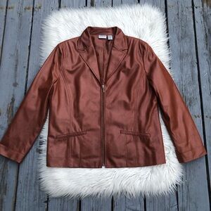 Chico’s Snake Skin Pattern Faux Leather Burnt Orange Brown Zip Up Jacket size 3